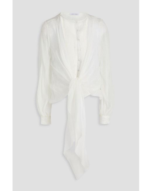Alberta Ferretti White Tie-front Layered Silk-voile And Corded Lace Blouse