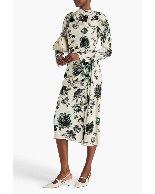Erdem White Draped Floral-print Cady Midi Dress