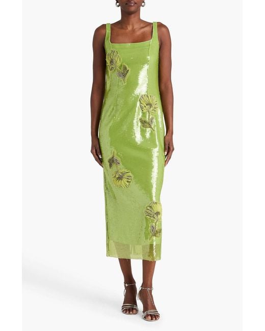Huishan Zhang Green Marilyn Sequined Tulle Midi Dress