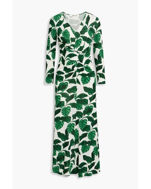 Diane von Furstenberg Green Timmy Ruched Printed Jersey Midi Dress