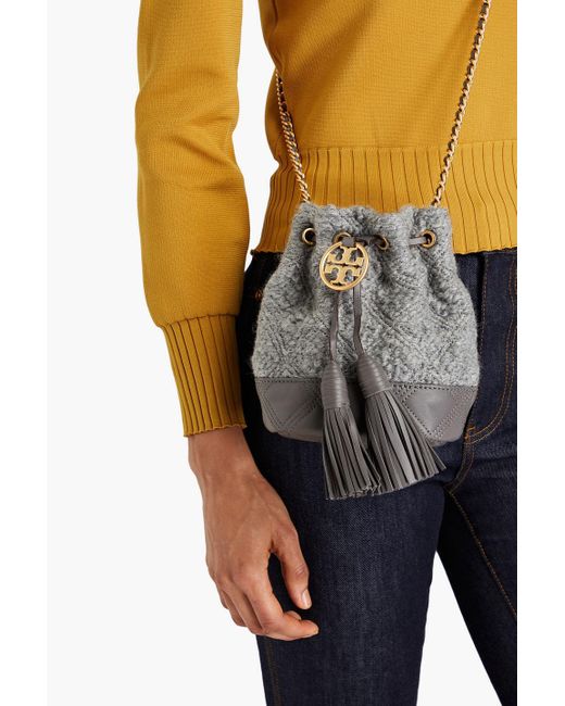 Tory Burch Gray Bouclé And Leather Bucket Bag