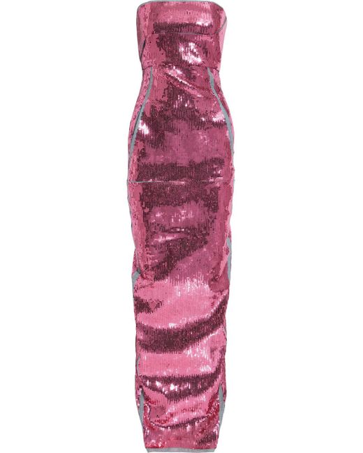 Rick Owens Pink Strapless Pleated Sequined Denim Gown
