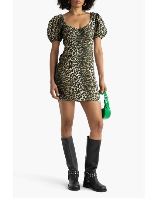 Ganni Multicolor Ruched Leopard-print Cotton Mini Dress