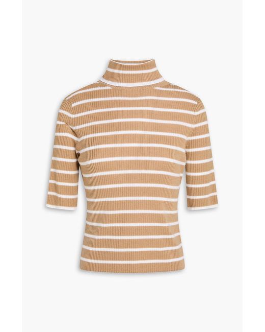 Veronica Beard Natural Katrina Striped Ribbed Wool Turtleneck Sweater