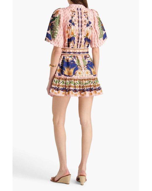 Farm Rio Pink Belted Floral-print Cotton-blend Mini Dress