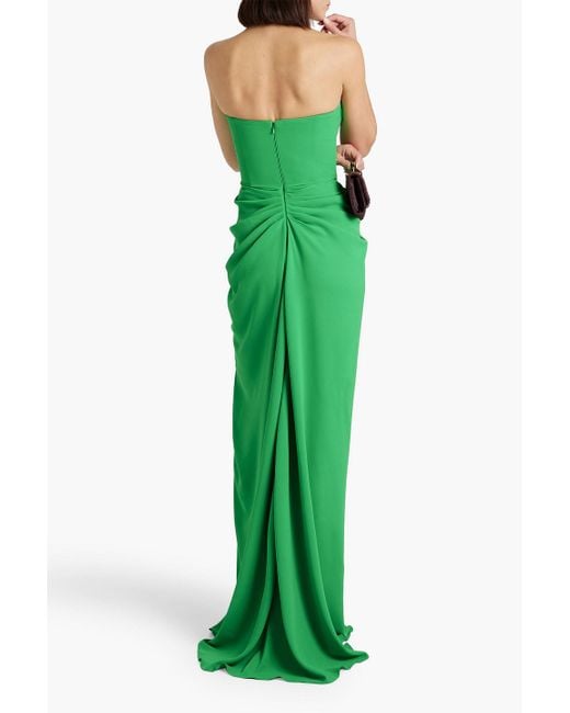 Rhea Costa Green Strapless Tulle-trimmed Draped Twill Gown