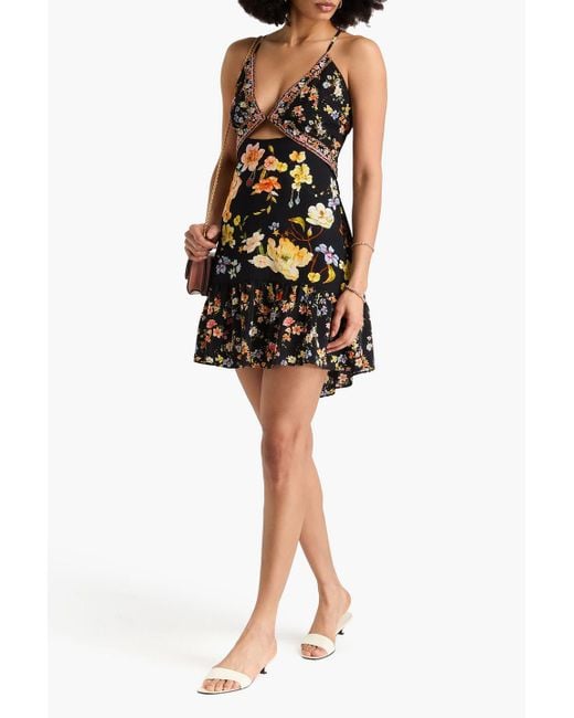 Camilla Black Minikleid aus crêpe de chine aus seide mit floralem print und verzierung