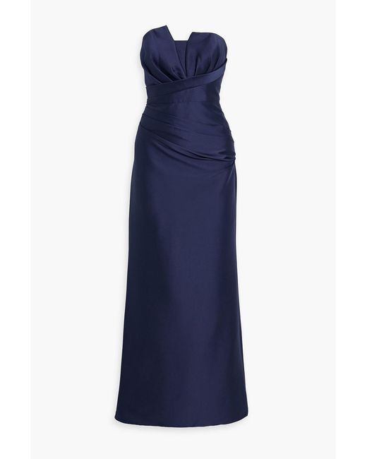 Badgley Mischka Blue Strapless Pleated Satin-Twill Gown
