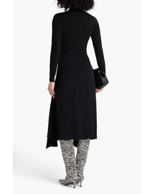 Victoria Beckham Black Crepe-Paneled Wool Midi Shirt Dress