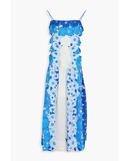 farm rio knotted cut-out linen-blend midi-dress FARM Rio Cutout Knotted Floral-Print Linen-Blend Midi Dress in Blue