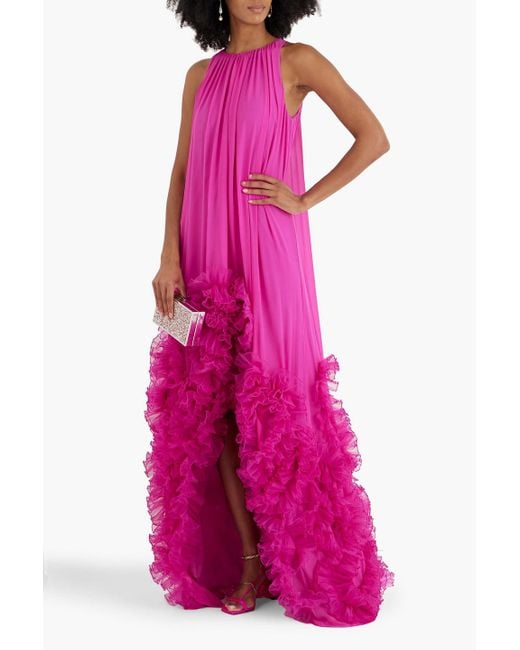 Badgley Mischka Pink Ruffled Chiffon Gown