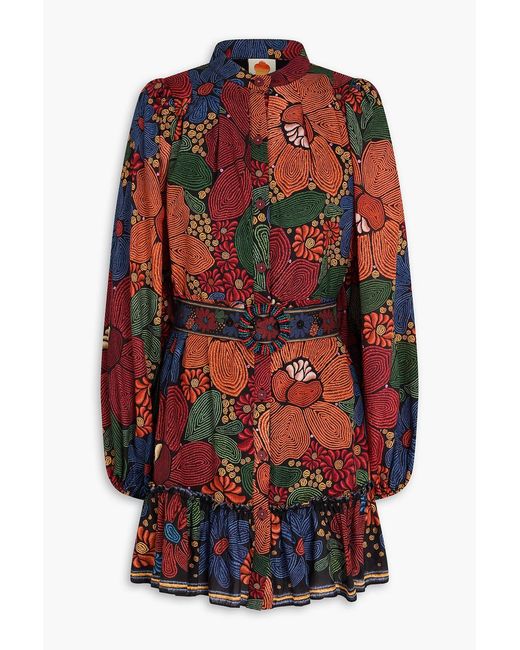 Farm Rio Red Ruffled Printed Crepe Mini Shirt Dress