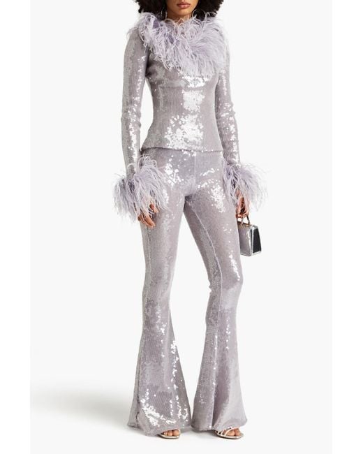16Arlington White Pendall Feather-embellished Sequined Mesh Top