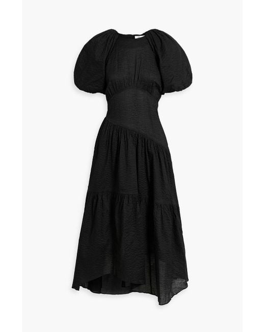 FRAME Black Asymmetric Gathered Cotton-seersucker Midi Dress
