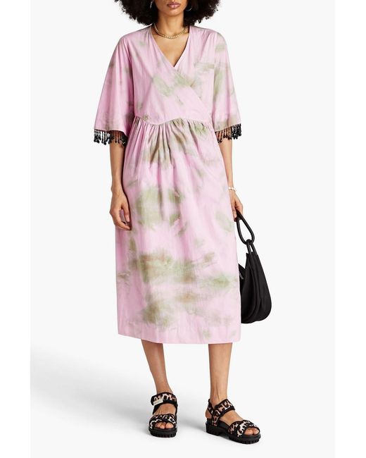 Ganni Pink Cherry Blossom Gathered Printed Cotton Wrap Dress