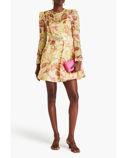 Zimmermann Yellow Belted Floral-print Linen And Silk-blend Mini Dress