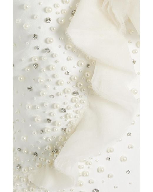 Badgley Mischka White One-shoulder Organza-trimmed Crepe Midi Dress