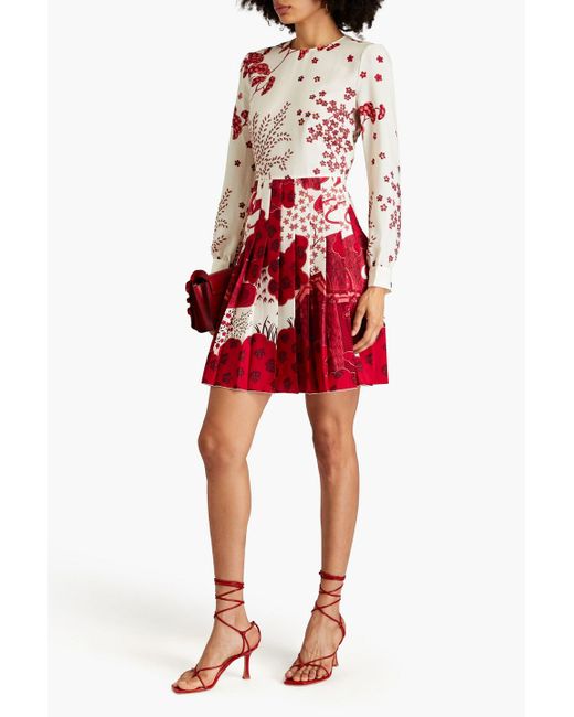 RED Valentino Red Pleated Printed Crepe De Chine Dress