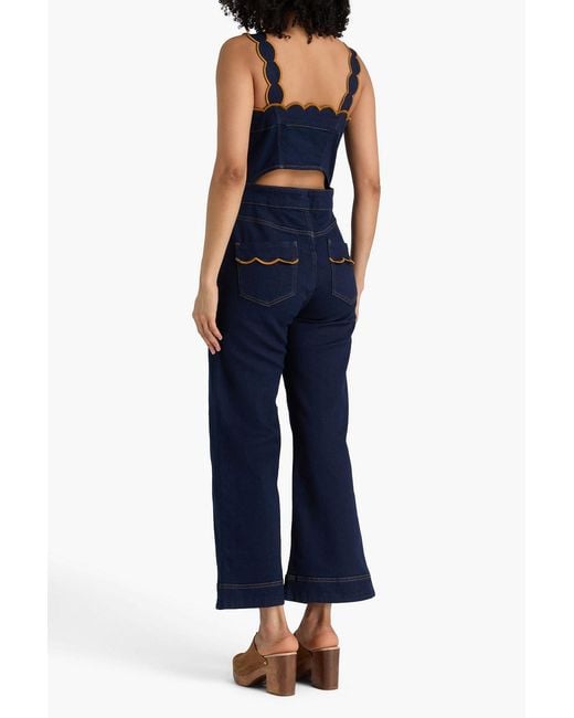 Farm Rio Blue Scalloped Cutout Denim Jumpsuit