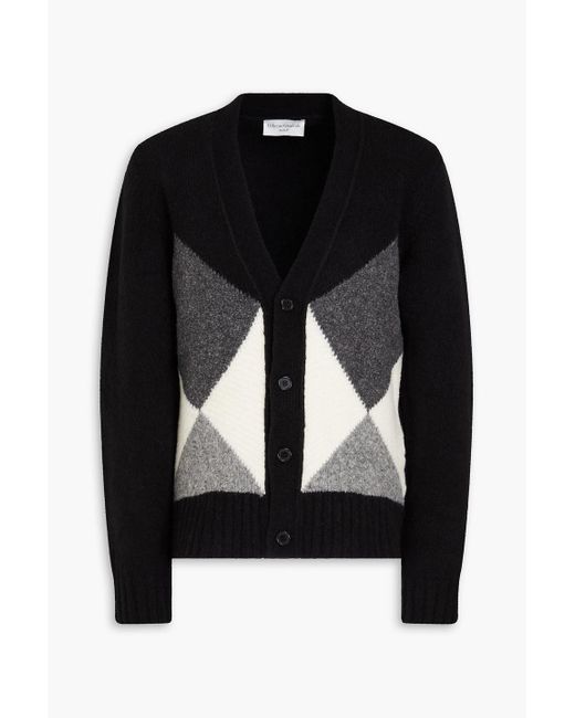 Officine Generale Black Argyle Wool-blend Cardigan for men