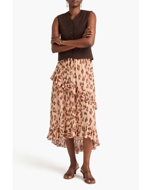Zimmermann Pink Ruffled Leopard-Print Crepe De Chine Midi Skirt