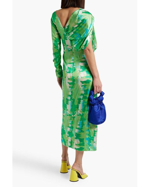 Ganni Green Asymmetric Tie-dyed Stretch-silk Satin Midi Dress