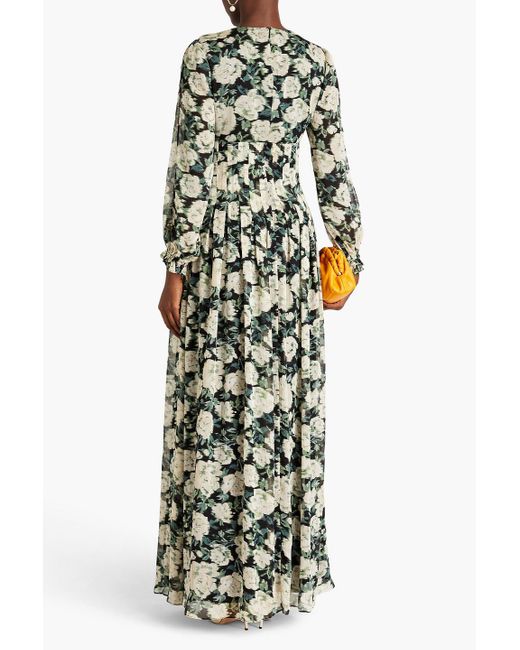 Mikael Aghal Green Pleated Floral-print Crepon Maxi Dress