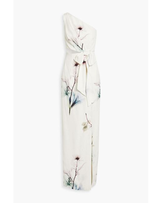 ML Monique Lhuillier White One-shoulder Cutout Printed Faille Maxi Dress