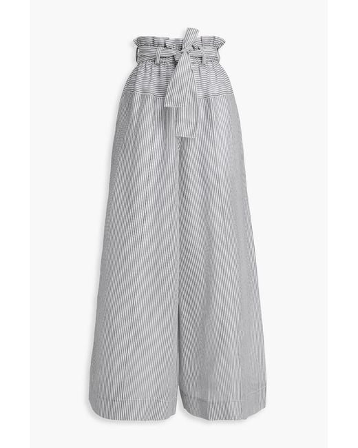 Zimmermann Gray Belted Striped Cotton And Silk-Blend Wide-Leg Pants