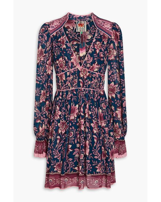 Farm Rio Blue Pintucked Floral-Print Voile Mini Dress