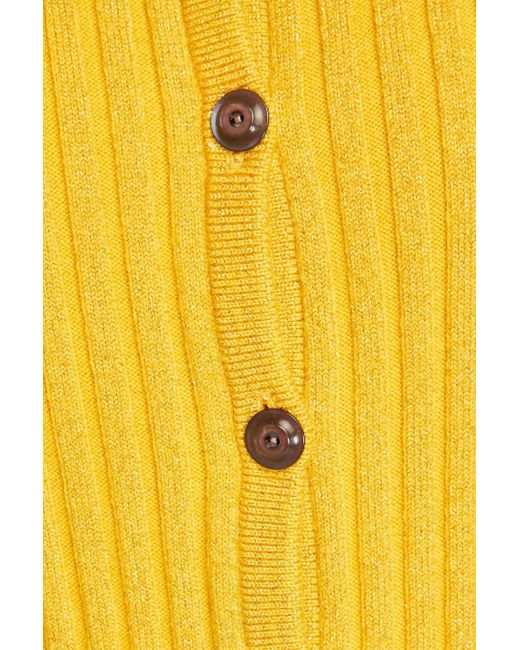 Tory Burch Yellow Ribbed Metallic Merino Wool-blend Cardigan