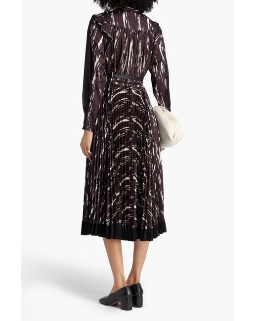 3.1 Phillip Lim Brown Belted Pleated Printed Satin-Twill And Chiffon Midi Dress