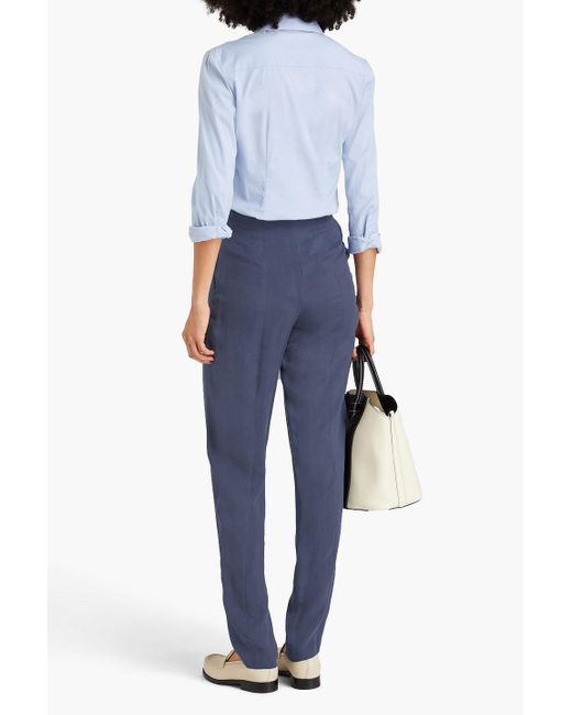 Emporio Armani Blue Pintucked Washed Twill Tapered Pants