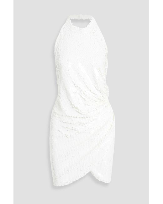 Ronny Kobo White Jo Wrap-effect Sequined Stretch-tulle Halterneck Mini Dress