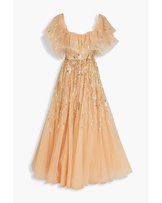 Jenny Packham Natural Embellished Ruffled Tulle Gown