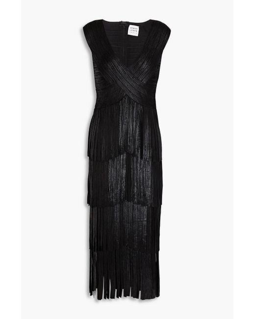 Hervé Léger Black Fringed Bandage Midi Dress