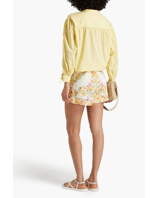Maje Metallic Pleated Floral-print Cotton Shorts