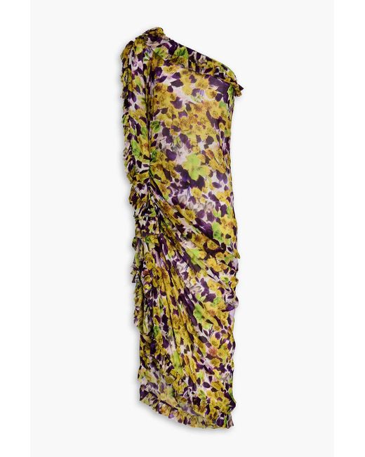 Dries Van Noten Metallic One-Shoulder Ruffled Floral-Print Chiffon Midi Dress