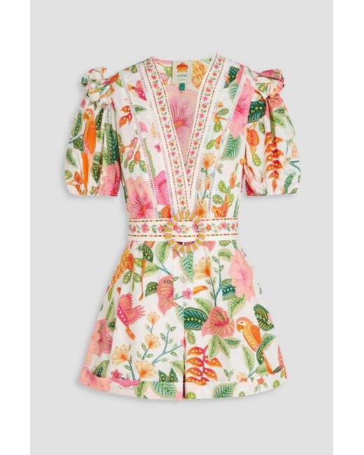 Farm Rio White Belted Floral-Print Cotton Playsuit