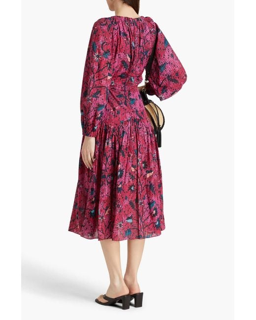 Ulla Johnson Red Helia Ruched Printed Cotton-blend Midi Dress