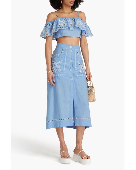 Sandro Blue Cold-Shoulder Cropped Broderie Anglaise Linen-Blend Top