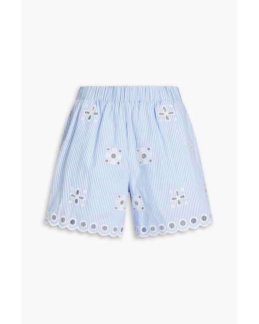 RED Valentino Blue Broderie Anglaise Striped Cotton Shorts