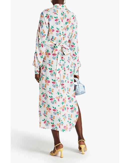 MSGM White Belted Floral-print Crepe Midi Dress