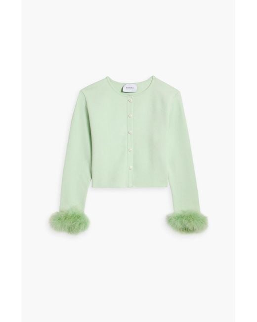 Sleeper Green Cropped Feather-trimmed Stretch-knit Cardigan