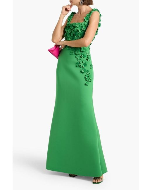 Badgley Mischka Green Floral-Appliquéd Scuba Gown