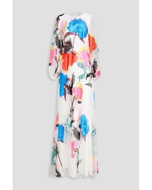 Monique Lhuillier White Embroidered Floral-print Tulle Maxi Dress