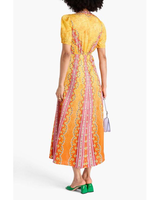 Saloni Orange Lea Printed Silk-Jacquard Midi Dress