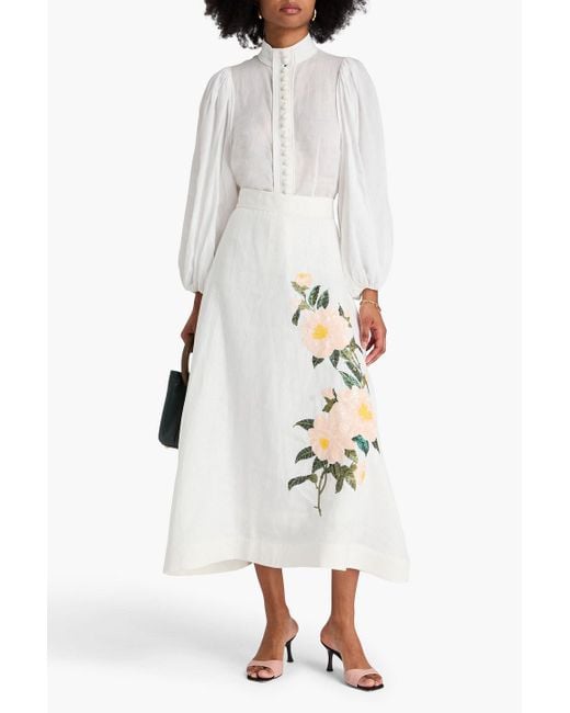 Zimmermann Natural Sequin-Embellished Linen Midi Skirt