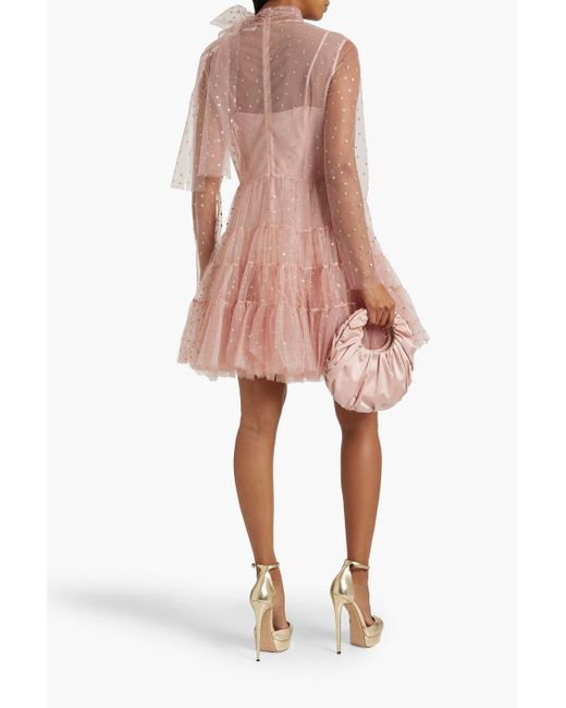RED Valentino Pink Pussy-bow Ruffled Glittered Tulle Mini Dress