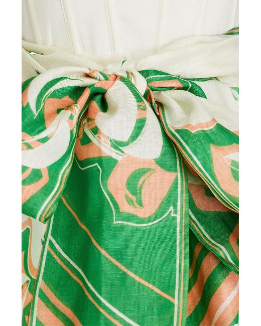 Zimmermann Green Belted Printed Linen And Silk-blend Mini Dress